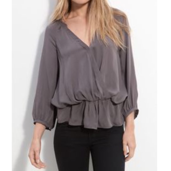 Joie Grey Surplice Neck Silk Top Peplum Hem